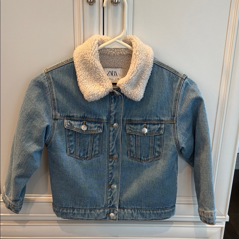 Zara Kids Blue Denim Jacket with White Sherpa Collar